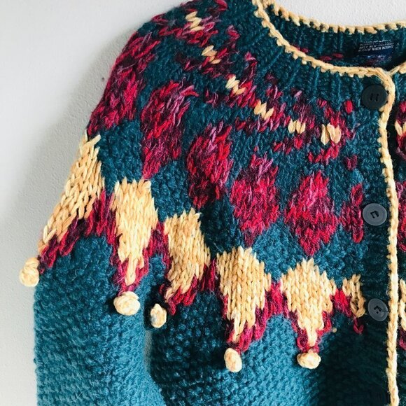 Handmade 100% Shetland Wool Forest Green Fairisle Cardigan Size S - Picture 3 of 7